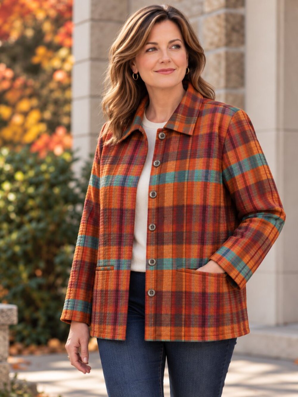 CJ Banks Womens Quilted Plaid Jacket 1X Artsy Boho Fall Lightweight Colorful